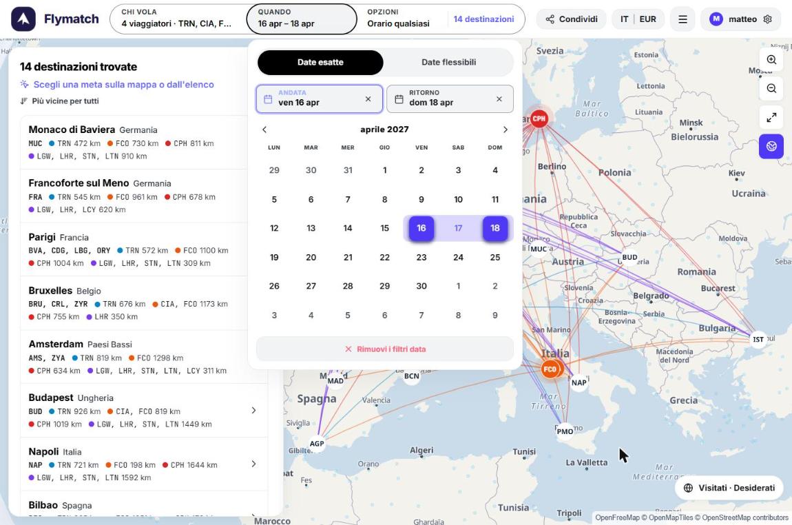 Exact dates 16–18 April: 14 matching destinations