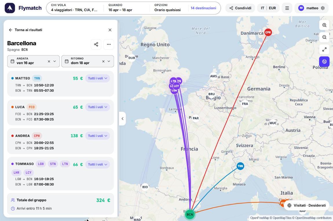 Barcelona: flights and prices for each guest, €324 in total