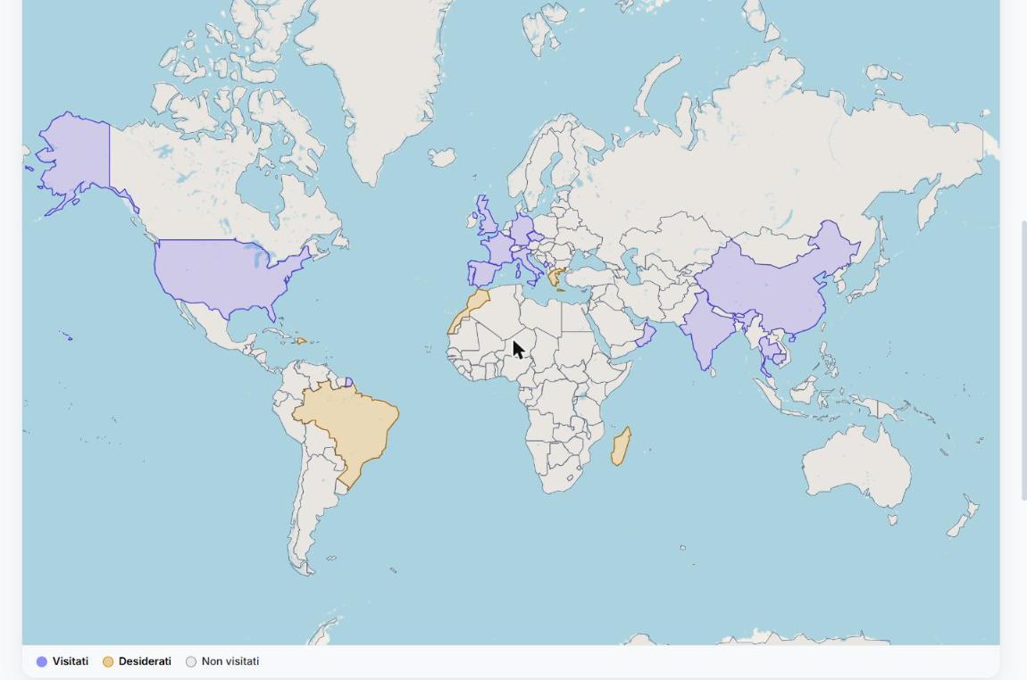 Map of visited (purple) and wishlist (yellow) countries