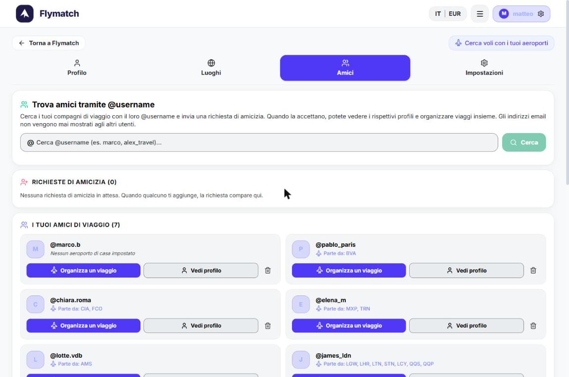 Friends tab: search by username and list of friends with their airports