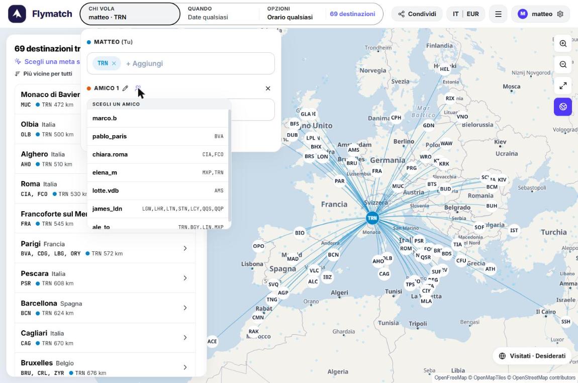 Select a friend list with each person's airports