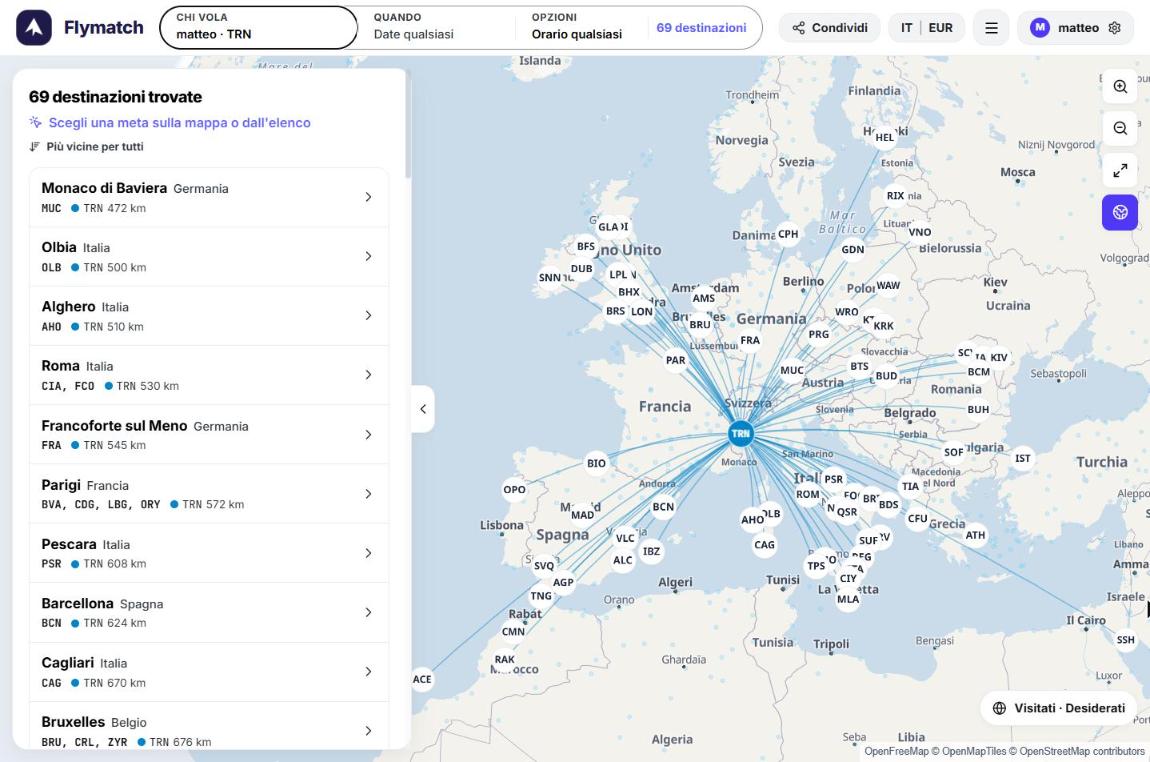 Mappa delle 69 destinazioni dirette da Torino